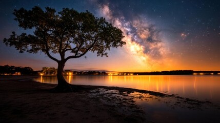 Stunning view of the Milky Way over a lake with a solitary tree.