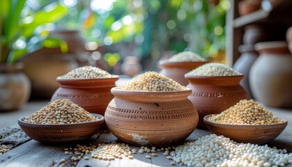 Clay pots and harvest grains for Pongal festival, traditional South Indian still life