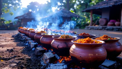 Rural outdoor Pongal cooking setup with clay pots, South Indian harvest festival scene