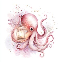 Octopus holds lantern in underwater scene with decorative elements and soft colors