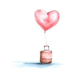 Heart balloon floats above suitcase in a simple drawing with bright colors and clear shapes