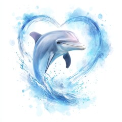 Dolphin jumps through water in a heart shape design with splashes and blue colors in the background