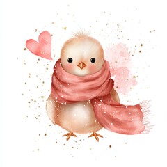 Cute chick wearing a scarf with a heart and sparkles for a fun winter scene