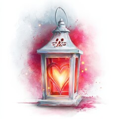 Lantern with heart shape glow in dark setting near red background and sparkles