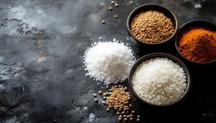 Pongal cooking ingredients arranged on rustic surface, South Indian harvest festival food