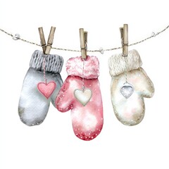Mittens hanging on a string with hearts in a winter setting showing colorful designs and warm feelings for the season
