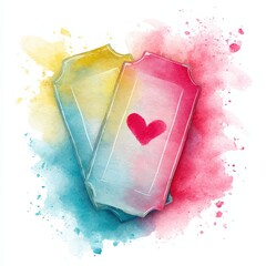 Watercolor design of two tickets with a heart symbol on a colorful splash background