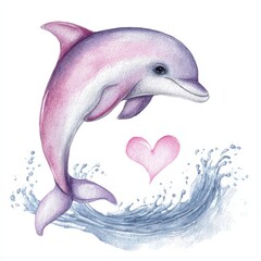 Dolphin leaps above water with a heart symbol nearby in a simple design showcasing marine life