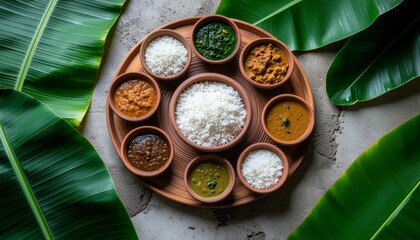 Pongal festival meal arrangement on banana leaves, traditional South Indian harvest food