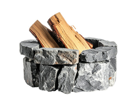 Stone fire pit with wooden logs, isolated on a solid black background