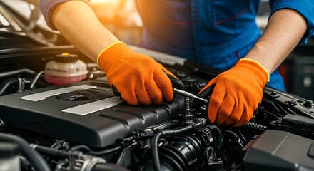Mechanic wearing orange gloves tightening bolt on car engine with wrench repair maintenance