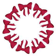 Circular decorative frame made of soft pink ribbon bows arranged in a wreath shape. Elegant romantic border for Valentine cards, wedding designs, invitations, branding and feminine layouts. 