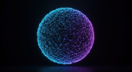 Illuminated digital sphere constructed from interconnected lines and glowing nodes floats against a dark background