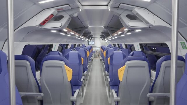 Empty interior of modern double decker train traveling to Venice at night. Rows of blue passenger seats along aisle in moving carriage. Transport infrastructure, commute and travel concept.