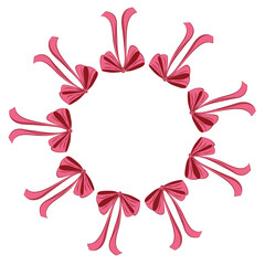Circular decorative frame made of soft pink ribbon bows arranged in a wreath shape. Elegant romantic border for Valentine cards, wedding designs, invitations, branding and feminine layouts.