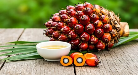 Palm Oil Fruit Bunch with Oil in a Bowl and Sliced Fruit on a Wooden Surface image photo