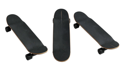 Three views of a skateboard against a black background