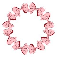 Circular decorative frame made of soft pink ribbon bows arranged in a wreath shape. Elegant romantic border for Valentine cards, wedding designs, invitations, branding and feminine layouts.