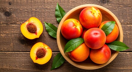 Ripe Peaches in a Wooden Bowl with Sliced Peaches and Green Leaves on a Wooden Surface fruit fresh
