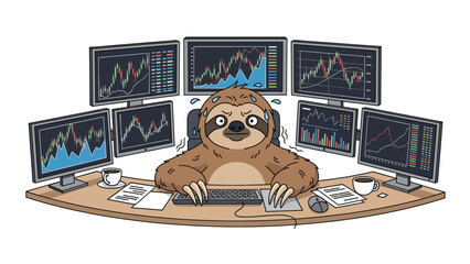 Overwhelmed sloth trader analyzing stock market data on multiple screens