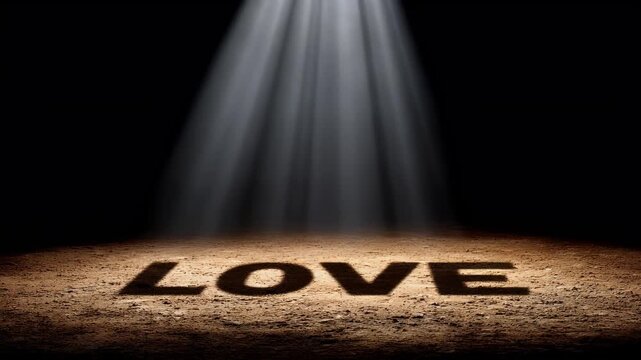 Love word shadow on ground illuminated by spotlight with textured surface and focused light beams symbolizing affection emotion hope in dark dramatic atmosphere