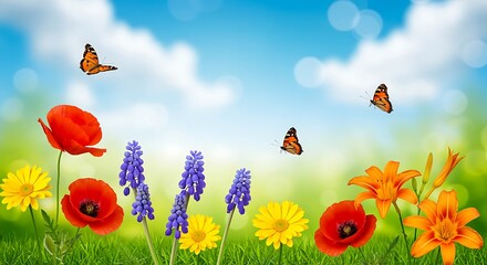 Vibrant Spring Meadow With Poppies, Daisies, Lilies And Butterflies flowers