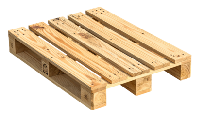 Isometric view of a new, clean wooden pallet. Constructed with nails and supporting blocks
