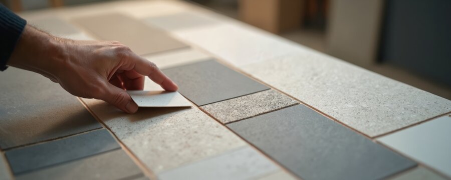Male hand picks ceramic tile sample. Designer selects material texture for floor or wall. Choice for home interior design or building project. Variety of samples on board.
