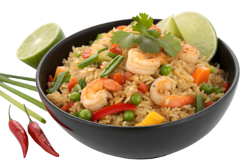 Rice pan with vegetables on black plate top view isolated on a white or transparent background.