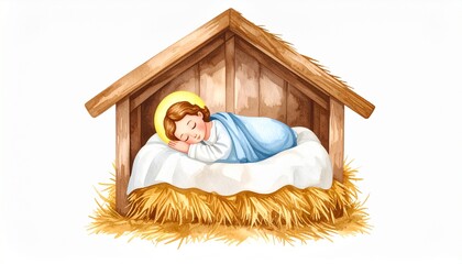 Baby Jesus sleeps peacefully in a manger with golden halo
