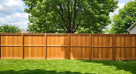 Wooden Fence Backyard Green Grass Large Tree Sunny Day Blue Sky garden