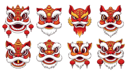 Set of eight chinese lion dance heads with different expressions on transparent background