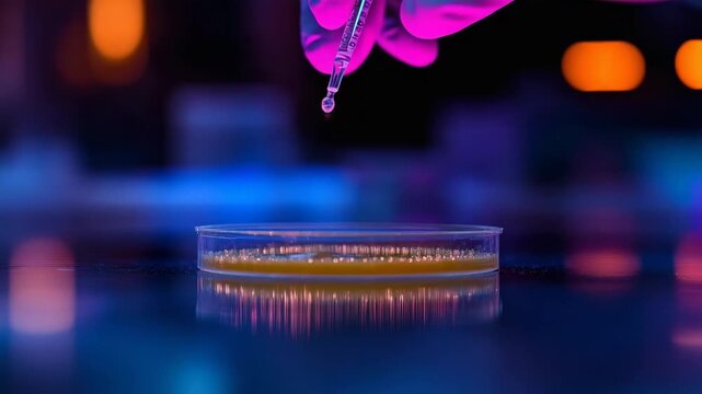 selective focus macro view of gloved hands streaking bacteria on agar plate