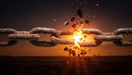 Rusted chain breaking apart with explosive force in a field