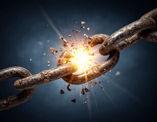 Rusty chain breaking apart with explosive force and bright light