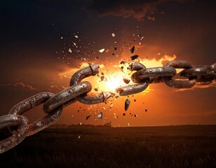 Rusted chain breaking apart with explosion at sunset