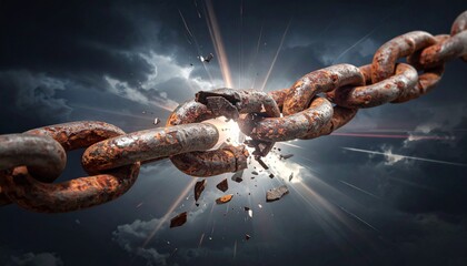 Rusted chain breaking apart with explosive force in dramatic sky