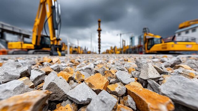 Construction site featuring heavy yellow machinery and gravel stones in foreground under cloudy sky, showcasing industrial outdoor equipment and rough textured stones for construction machinery