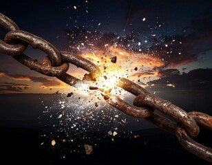 Rusted chain breaking apart in dramatic explosion at sunset