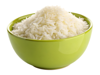 Bowl of yellow rice in a green asian bowl isolated on a white or transparent background.
