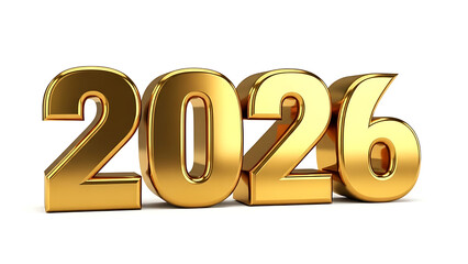Golden 3D 2026 numbers on white background, shiny metallic future date