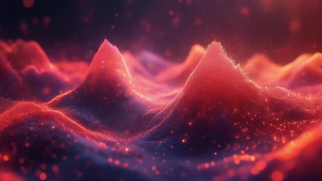 Abstract 3D Red Mountain Landscape with Glowing Particles