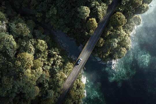 Aerial view of a bridge road in the middle of forest and river 