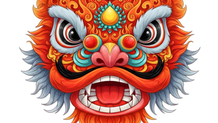 Vibrant illustration of a chinese dragon head with intricate designs isolated on transparent background