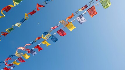 Colorful prayer flags against clear blue sky