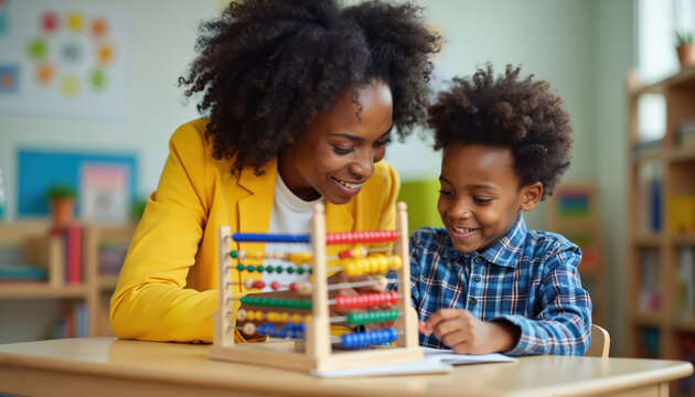 Smiling African American teacher and young boy learn math using abacus at desk. Early education and cognitive development concept for diverse preschoolers. - Powered by Adobe