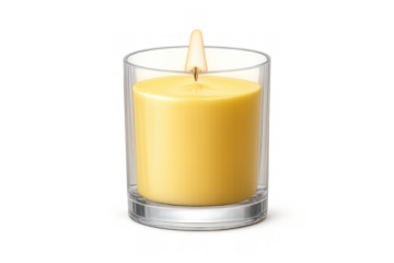 Yellow candle burning brightly in a clear glass holder, radiating light and warmth. Transparent background
