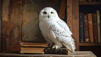 Majestic white owl perched on old books in cozy library setting