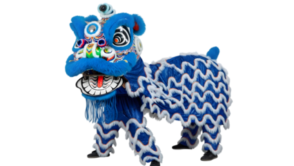 A blue and white lion dance costume on isolated transparent background for chinese new year celebration