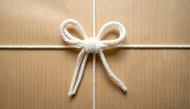 Brown cardboard box wrapped with white rope in a bow